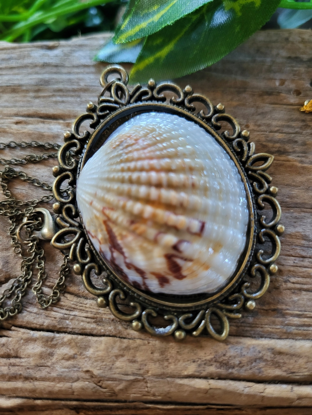 Antique Brass Seashell Pendant Necklace